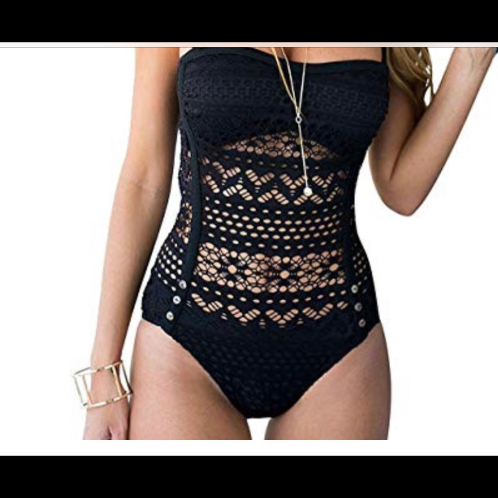 Black strapless one piece crochet bathing suit